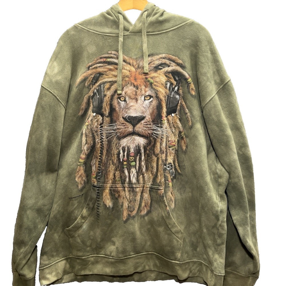 The Mountain Hoodie Mens L Green Rasta Lion Graphic Streetwear Vintage 90s